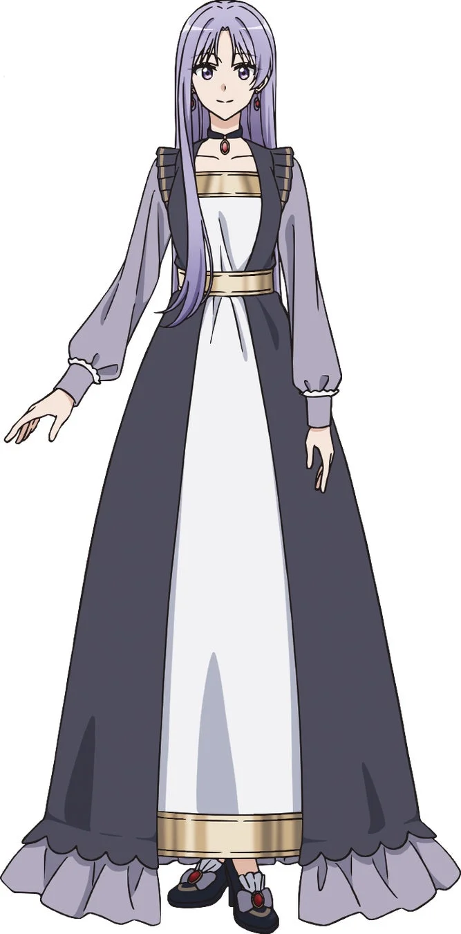 白い背景に立つ、アニメスタイルの女性キャラクターの全身イラストです。