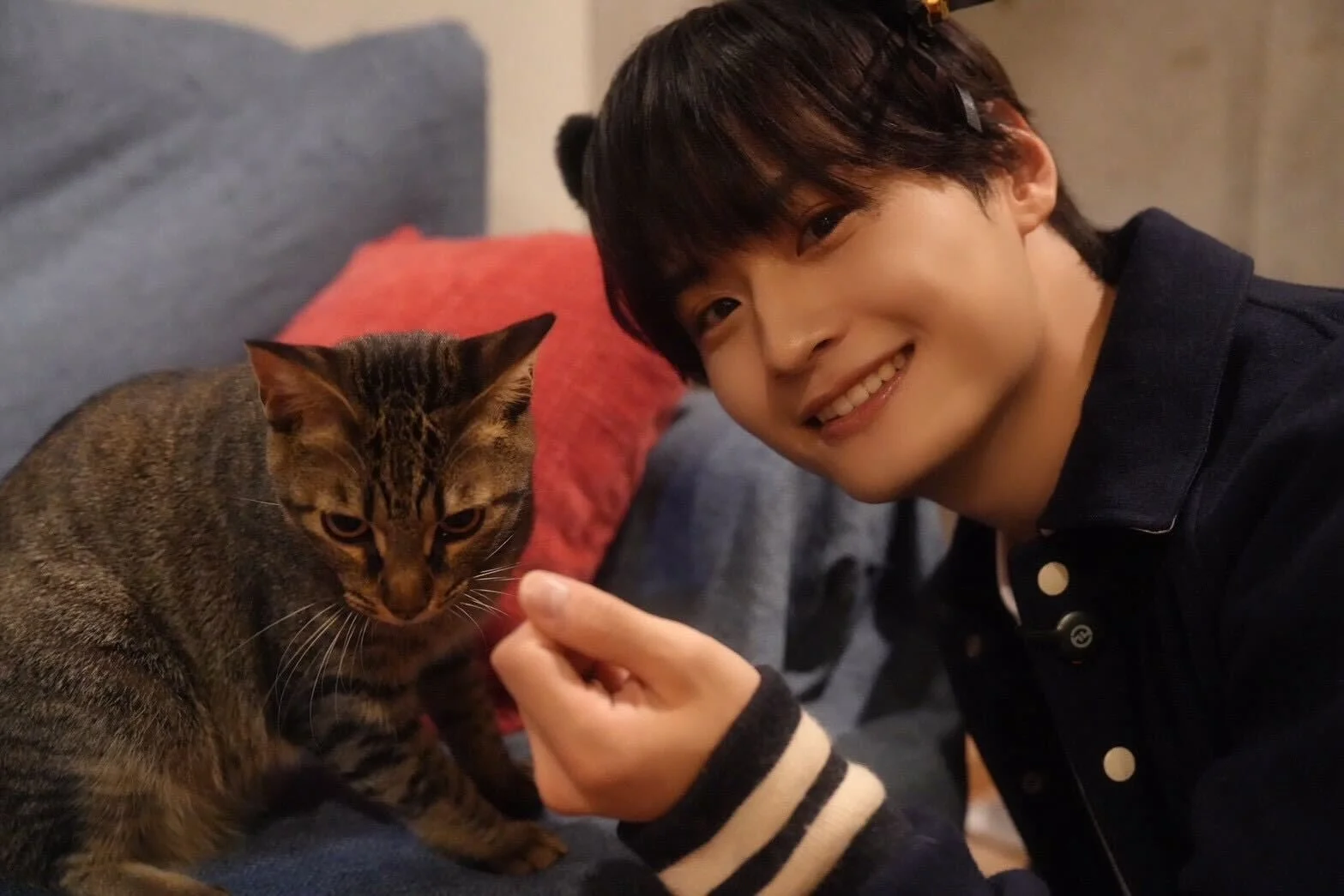 若い男性が笑顔でカメラを見つめる傍らで猫が手元に視線を送っている