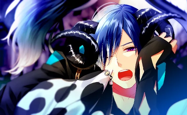 青い髪と角を持つ男性キャラクター