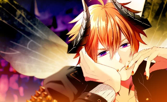 オレンジ色の髪と紫の瞳を持つ、角と透明な翼が生えた男性キャラクター