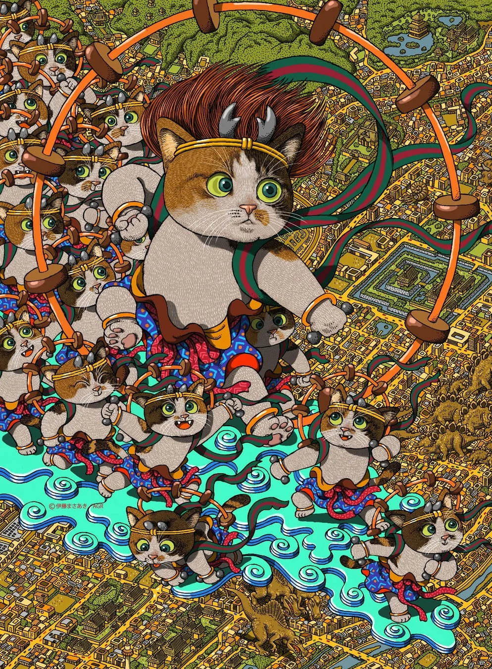 伊藤まさあきさんの作品と見られる猫のファンタジーイラスト