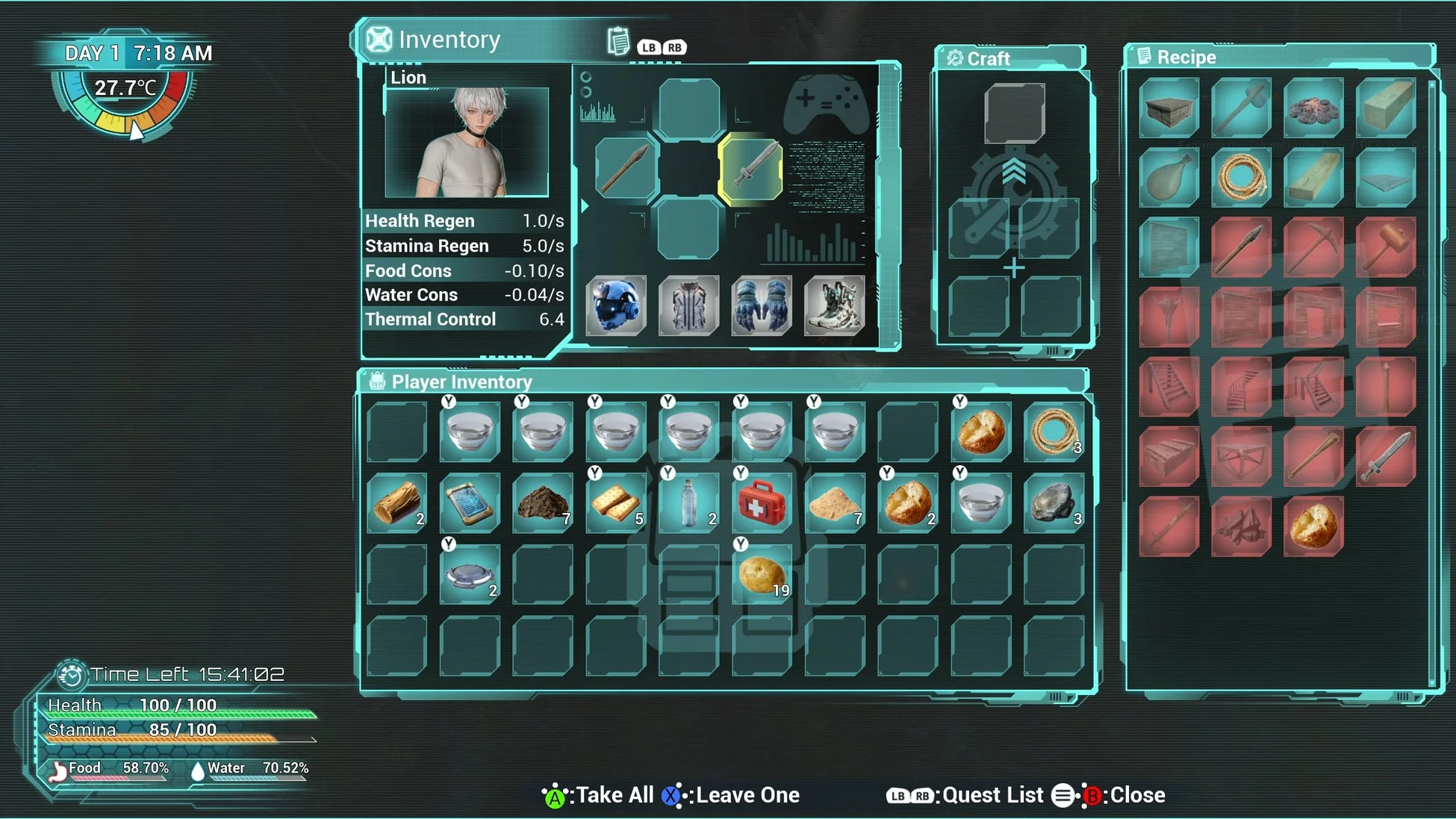 インベントリとクラフトのメニュー画面