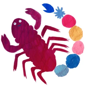 カラフルなボールでできた尾を持つ笑顔の紫色のさそりのイラスト