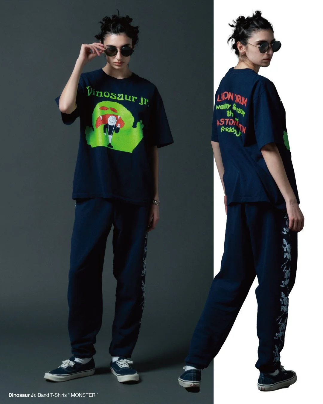 ファッション,モデル,バンドTシャツ,ダイナソージュニア,スエットパンツ,カジュアル,ストリートファッション,サングラス,全身,モンスターデザイン,ネイビー,グリーン