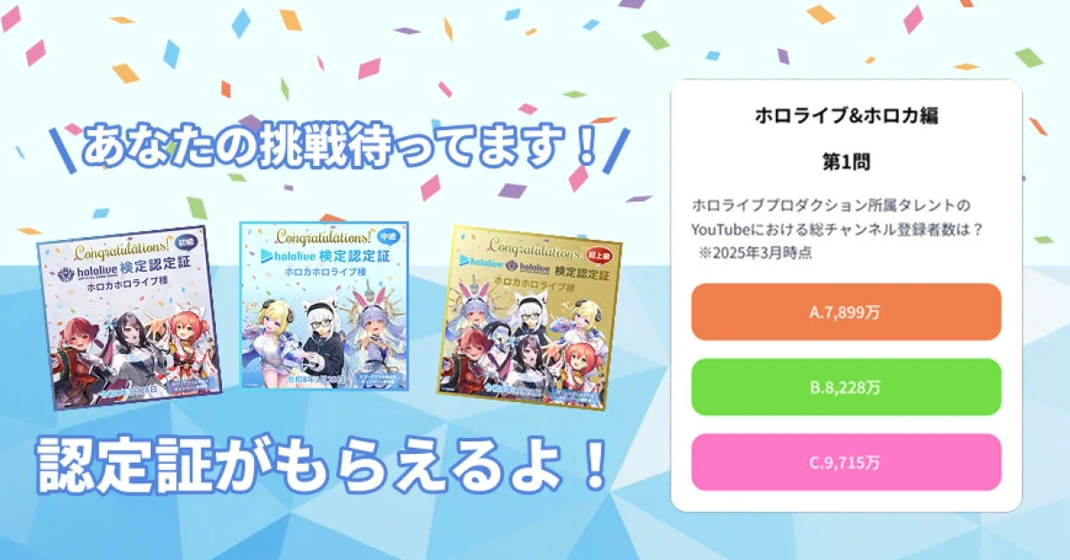 ホロライブ検定の告知画像で、初級から上級までの認定証が示されている