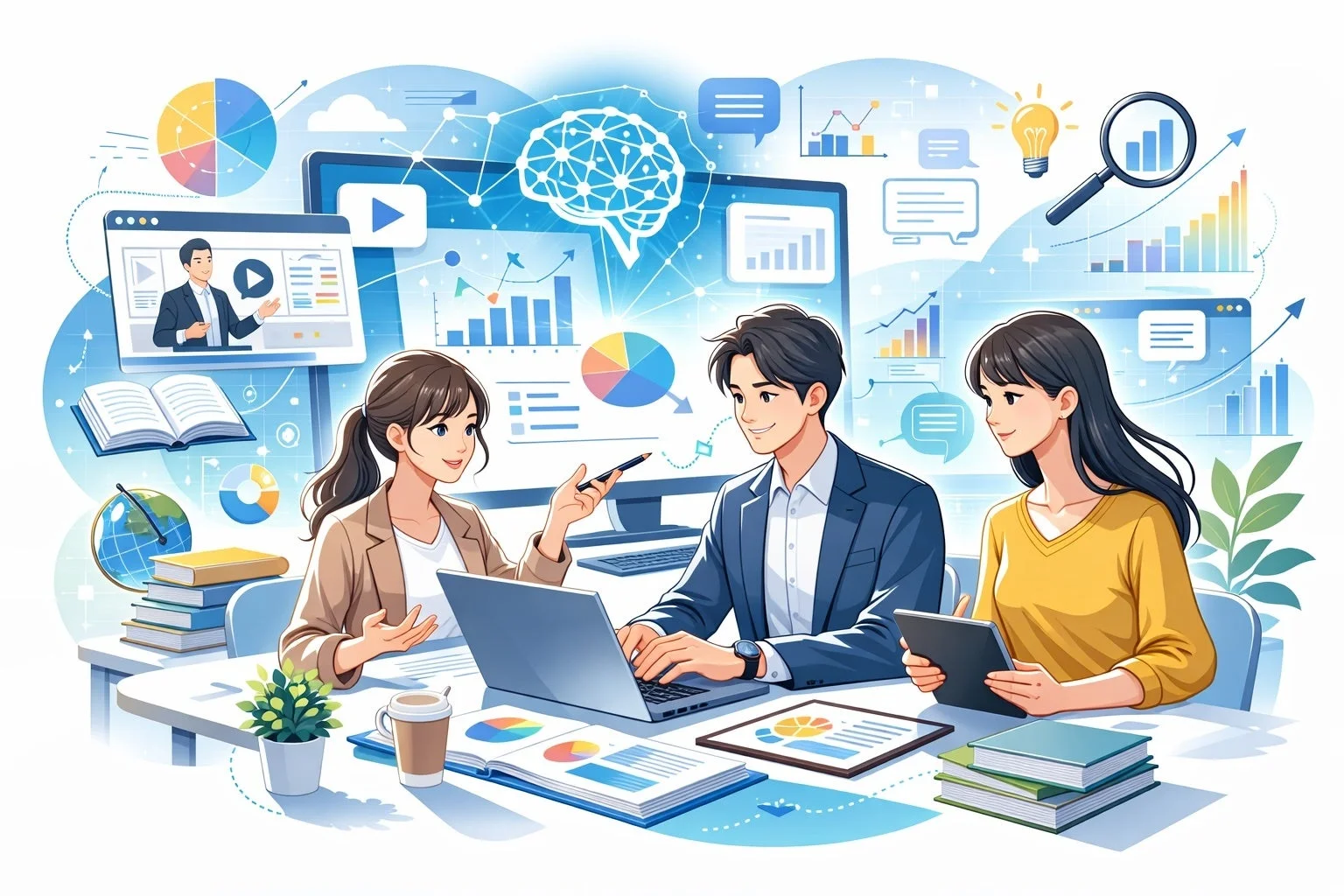 ビジネスチームがデータ分析やAIを活用したデジタル戦略について議論している様子