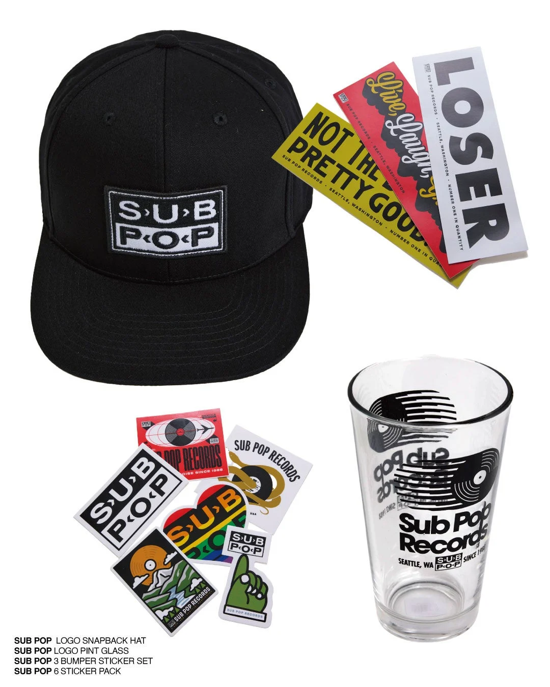Sub Pop Records,マーチャンダイズ,キャップ,帽子,グラス,ステッカー,レコードレーベル,音楽,グッズ,黒,ロゴ