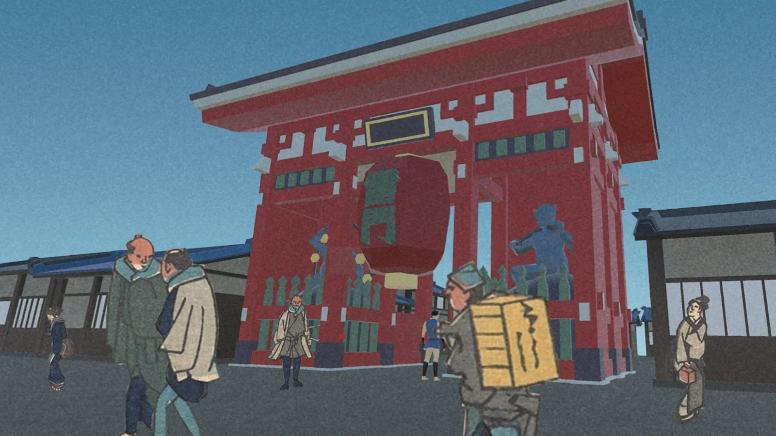 浮世絵のようなタッチで描かれた江戸の街並み