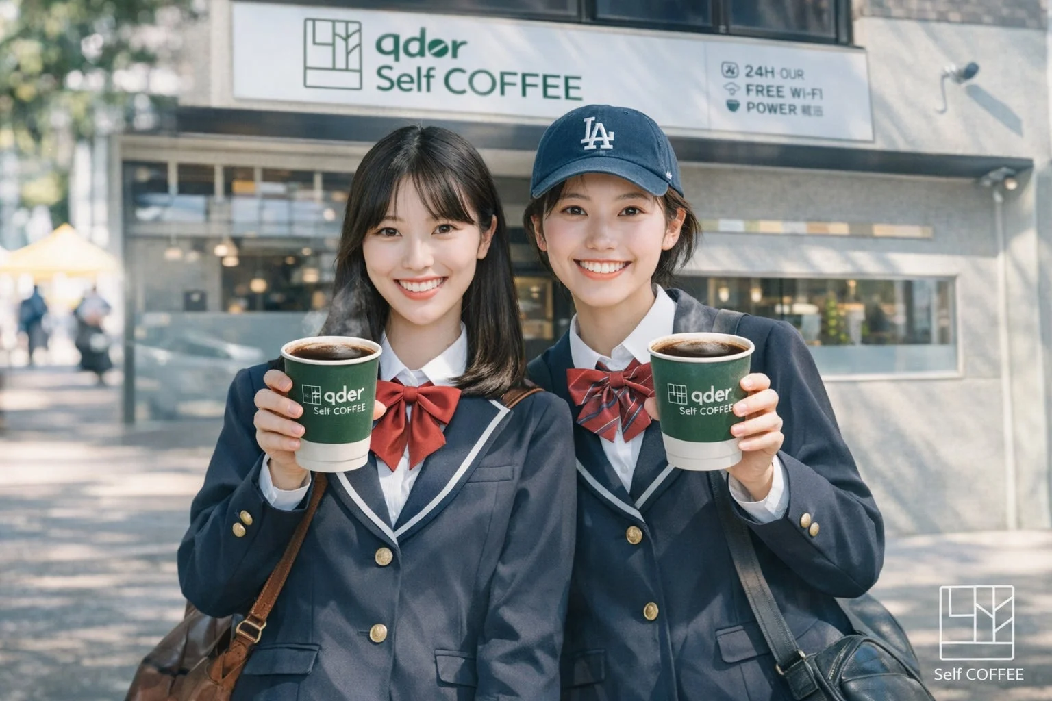 制服姿の2人の若い女性が笑顔でコーヒーカップを持っている