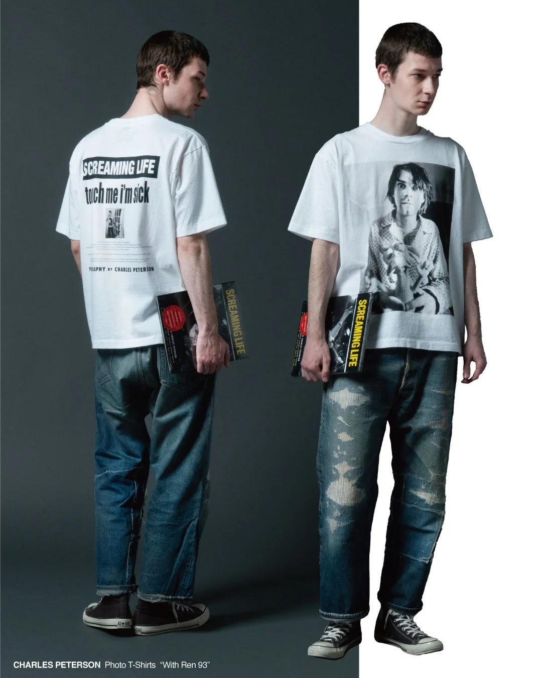 男性モデル,ファッション,Tシャツ,フォトTシャツ,ジーンズ,ダメージジーンズ,スニーカー,ストリートファッション,カジュアル,ロックファッション,白Tシャツ,カート・コバーン,SCREAMING LIFE,CHARLES PETERSON,白黒写真
