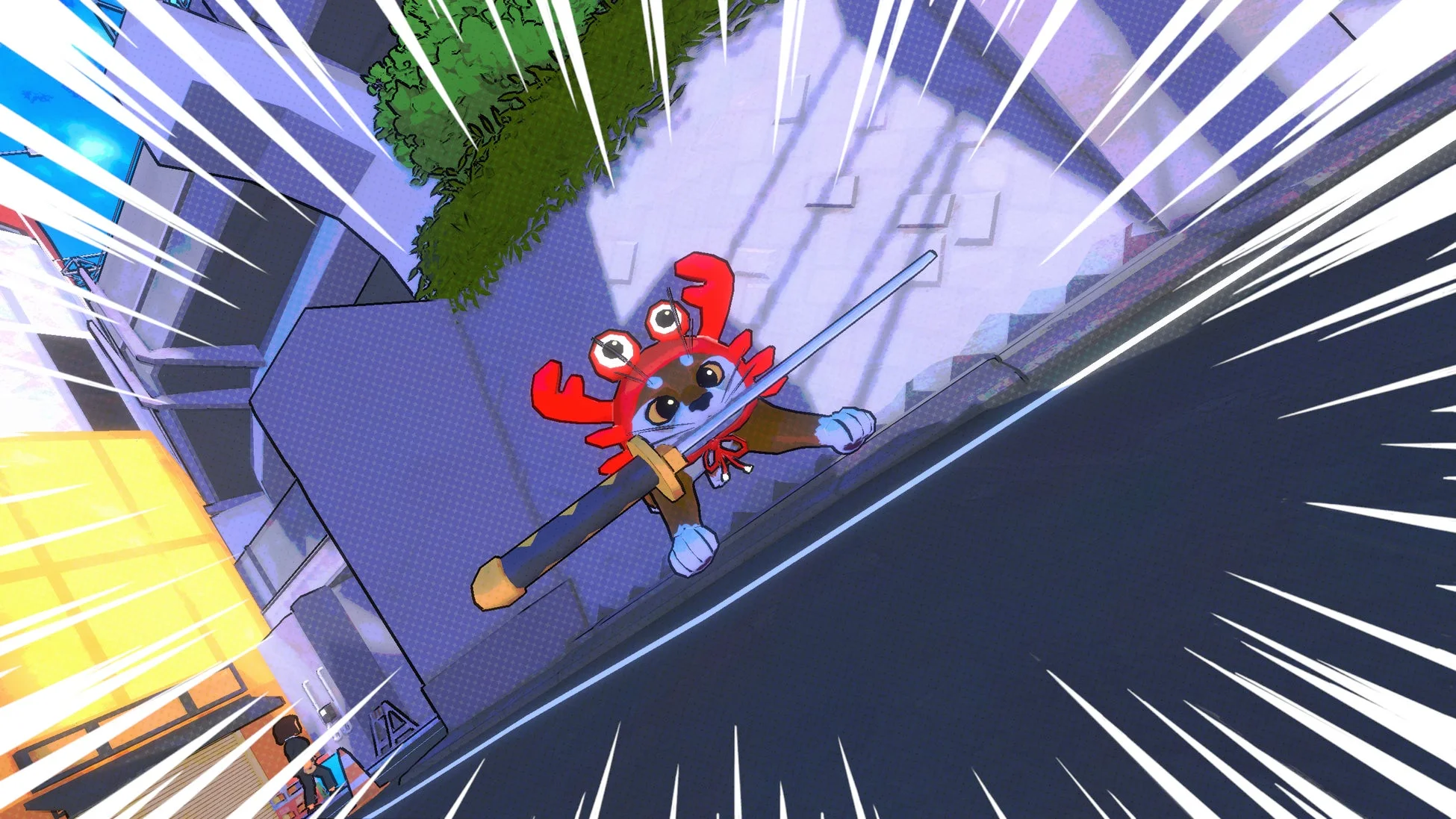 カニの帽子をかぶり刀を構える猫