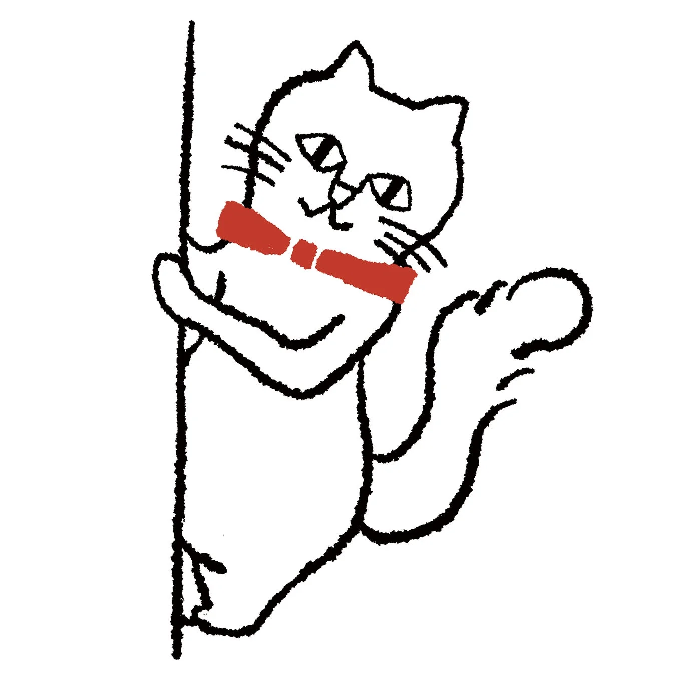 赤い蝶ネクタイをつけた白い猫が、画面の端からひょっこりと顔を覗かせているシンプルなイラストです。手書き風の線で描かれており、親しみやすく可愛らしい雰囲気を醸し出しています。