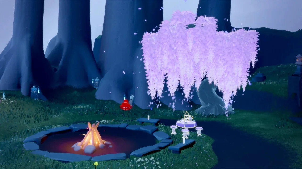 幻想的なキャンプファイヤーと桜の木がある夜の森