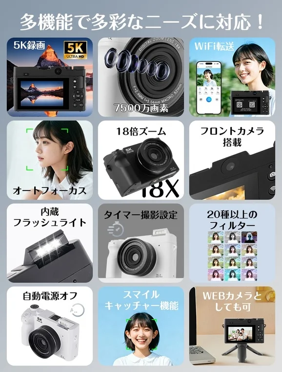 多機能で多彩なニーズに対応！ 5K録画 5K ULTRA HD 7500万画素 WiFi転送 オートフォーカス 18倍ズーム 18X フロントカメラ搭載 内蔵フラッシュライト タイマー撮影設定 20種類以上のフィルター 自動電源オフ スマイルキャッチ機能 WEBカメラとしても可