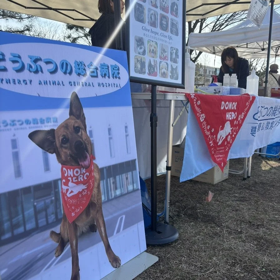 DONOR HEROのバンダナとブースの様子