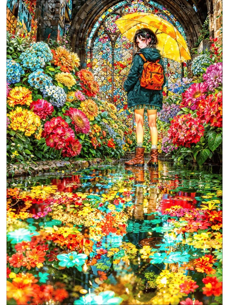 花に囲まれた少女の幻想的なイラスト