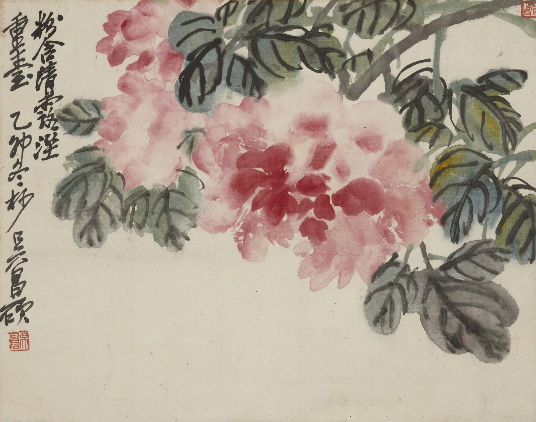 ピンクと赤色の花の水墨画