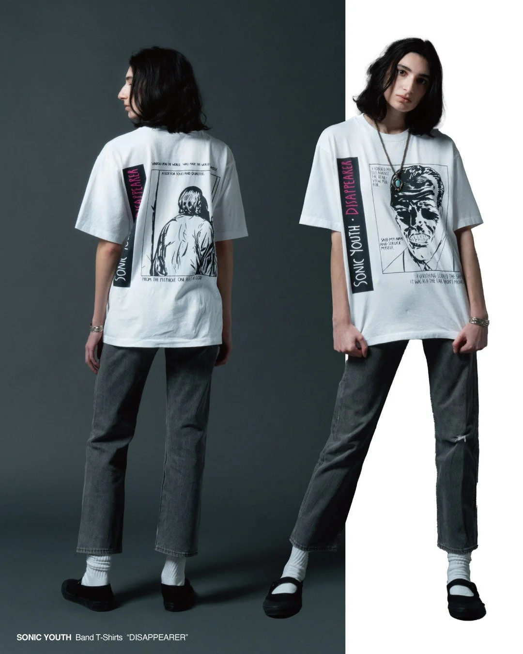 ファッション,Tシャツ,バンドTシャツ,SONIC YOUTH,DISAPPEARER,モデル,カジュアル,アパレル,全身,スタジオ撮影,白Tシャツ,ジーンズ,グラフィックTシャツ,ポートレート