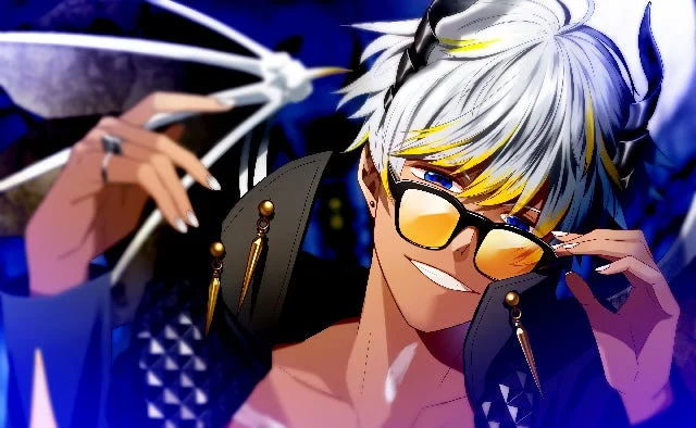 サングラスを下げてクールに微笑む白と金髪の男性アニメキャラクター