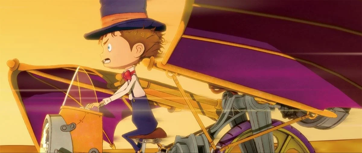 アニメーションスタイルの少年が飛行機械を操縦