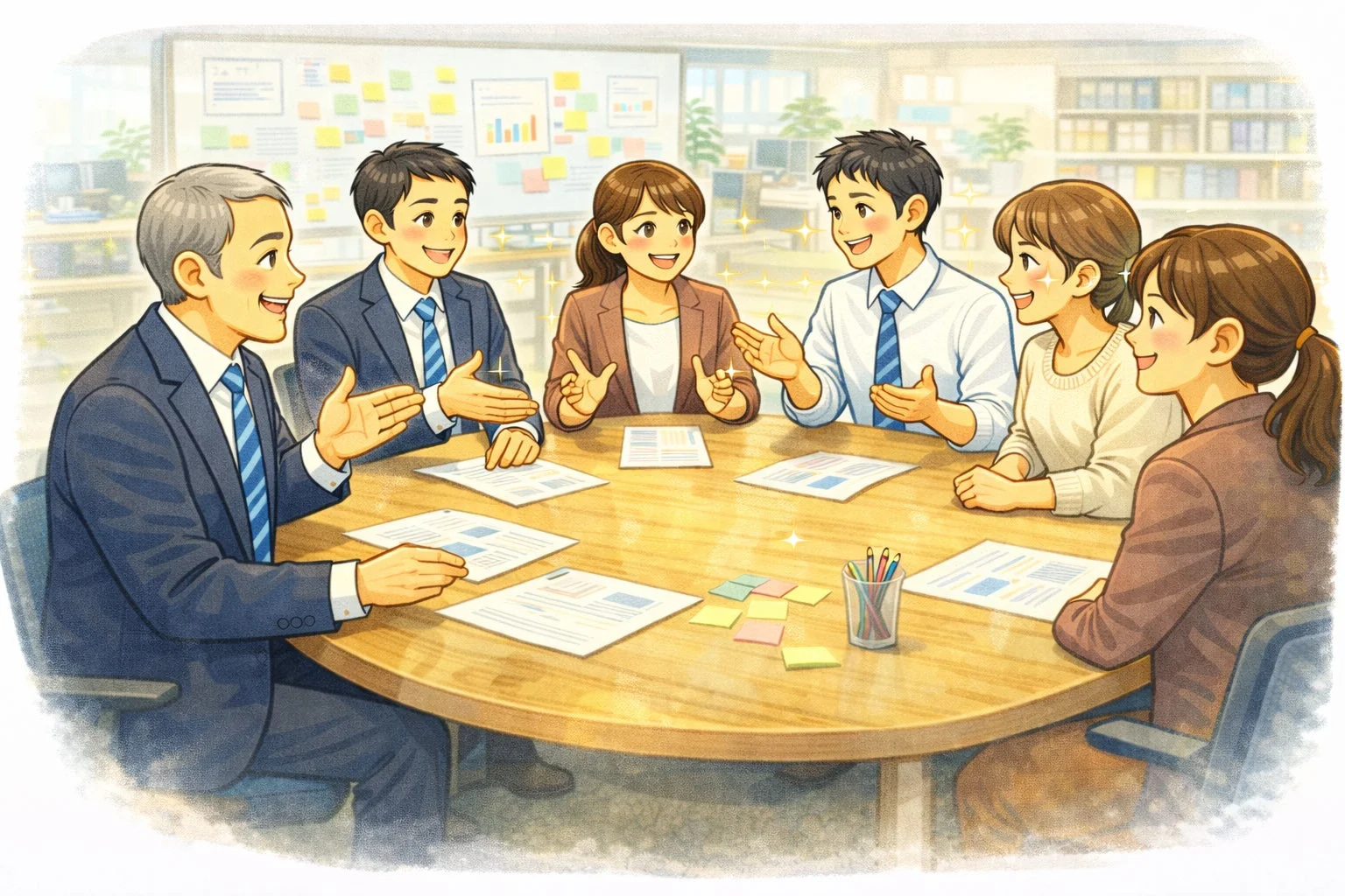 円卓を囲み活発に議論するオフィスワーカーたち