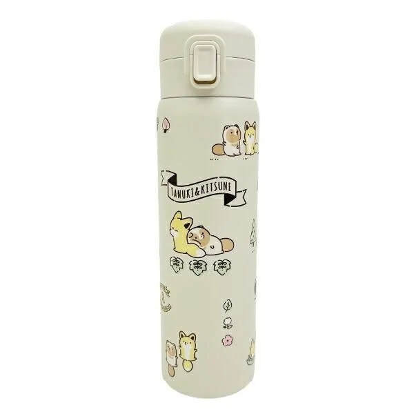 タヌキとキツネ アイコン総柄 ステンレスワンプッシュボトル