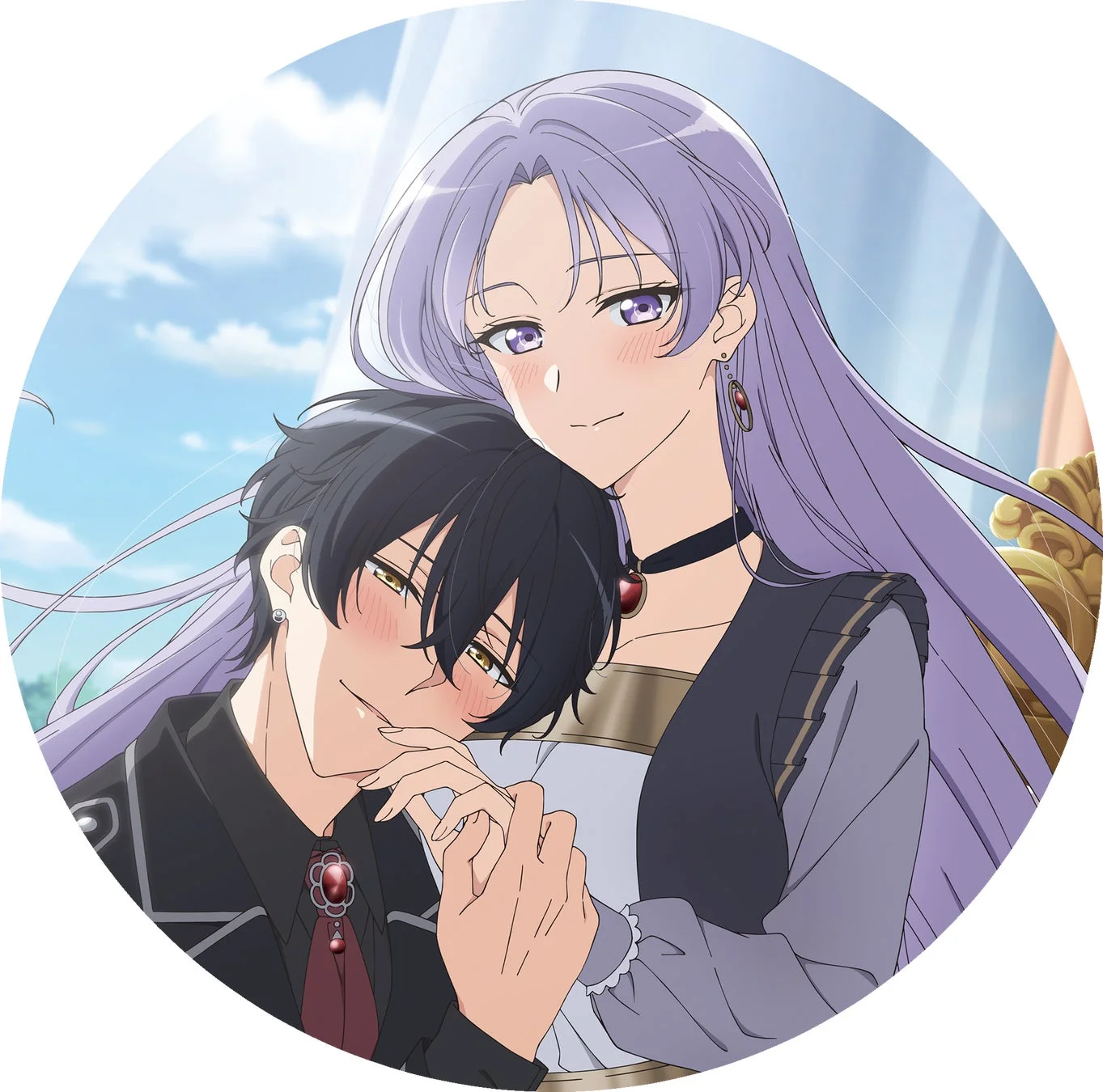 アニメ風のイラストで、紫色の髪の女性が黒髪の男性に優しく寄り添い、二人が手を取り合っているロマンチックな情景です。