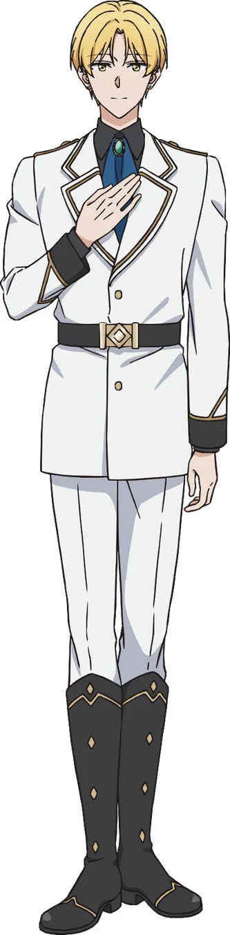 白い軍服のような衣装を着用した金髪の男性アニメキャラクターの全身イラストです。