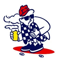 赤と青を基調としたイラストで、サングラスとキャップをかぶったキャラクターがスケートボードに乗り、ビールジョッキを持っている様子。チェッカー柄の服が特徴的です。