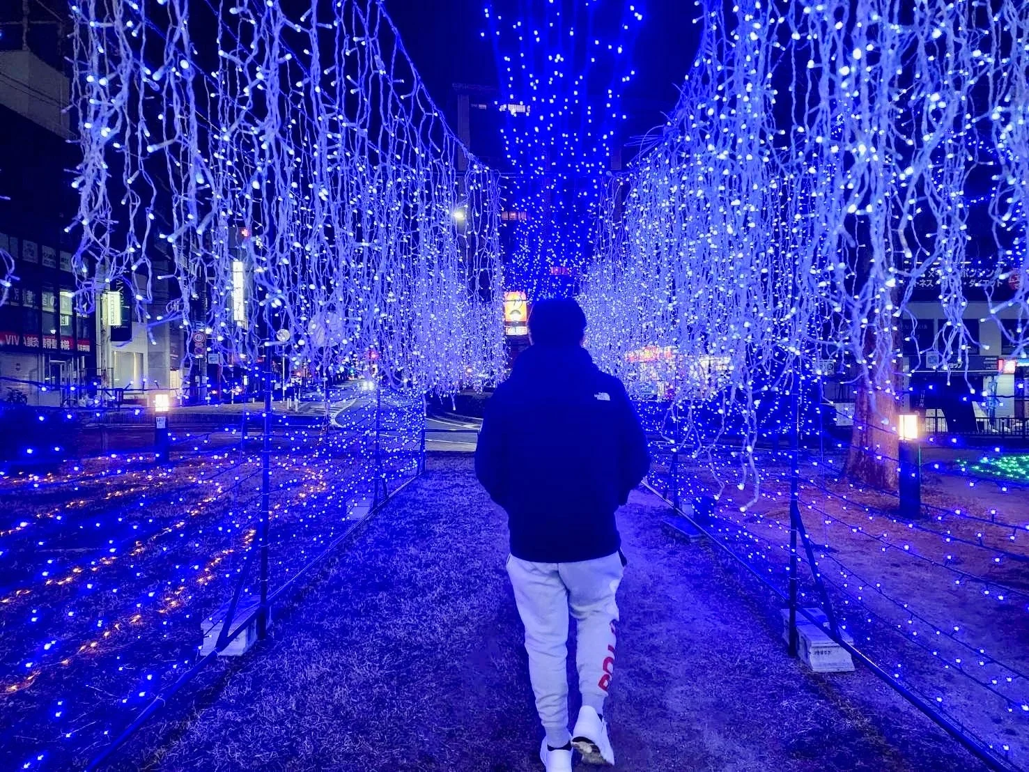 青いイルミネーションのトンネル