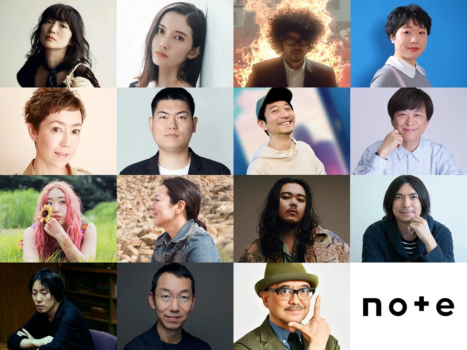 noteプラットフォームのクリエイターや関係者と思われる、多様な人々15名のポートレートがグリッド状に配置されています。