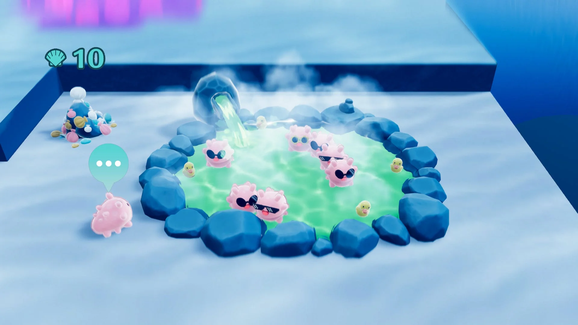 緑色の湯が湧く岩風呂に、サングラスをかけたピンクのキャラクターやアヒルの子が浸かっている可愛らしいゲーム画面。左上には貝殻のアイコンと数字の「10」が見えます。