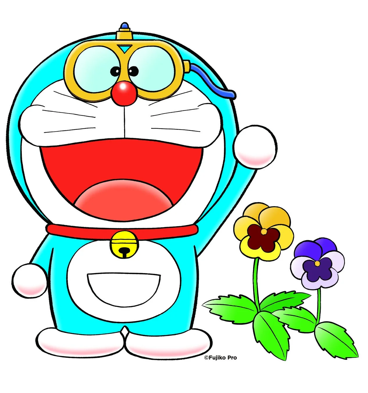 ゴーグルをかけたドラえもんが手を上げ、笑顔で挨拶しているイラスト