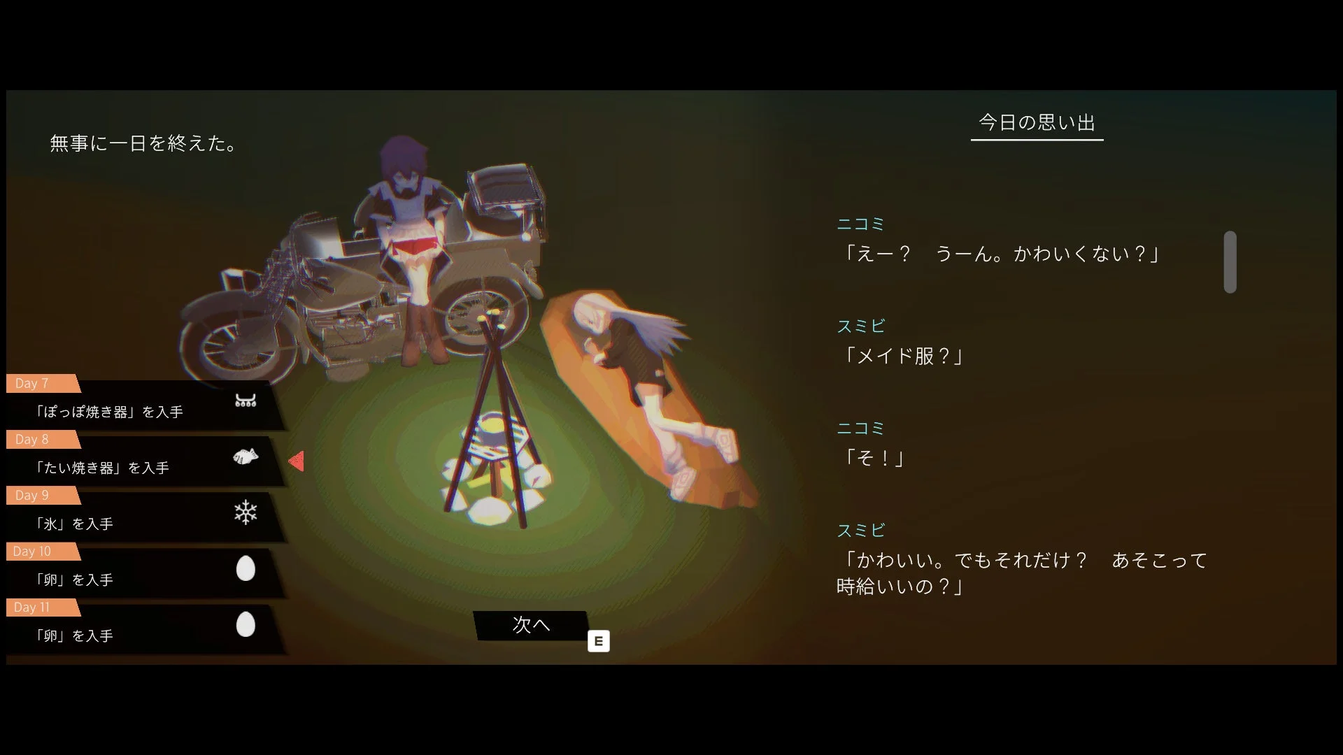 ゲーム画面：キャンプでの会話とアイテム入手