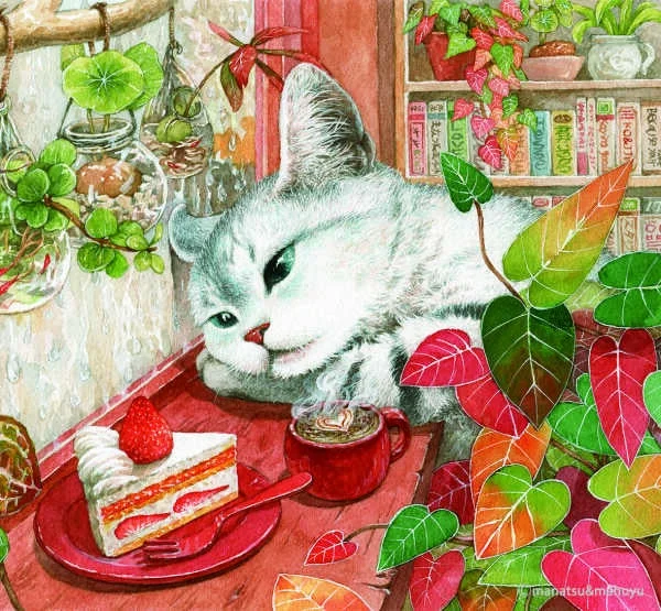 猫とケーキのイラスト