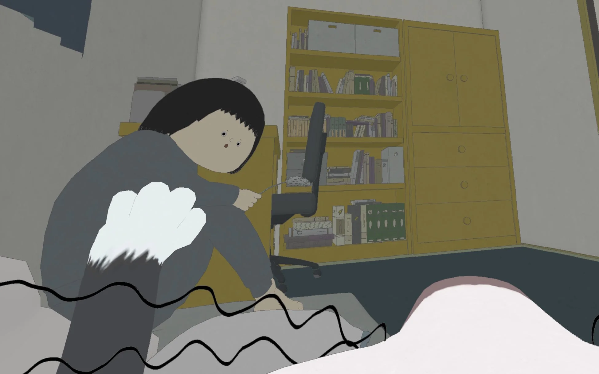 アニメ調の部屋で、黒髪の人物が座ってホコリ取りのようなものを持っている様子