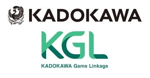 KADOKAWAとそのゲーム関連子会社であるKADOKAWA Game Linkage(KGL)のロゴが並んで表示されています。白背景に黒と緑の文字で構成されています。