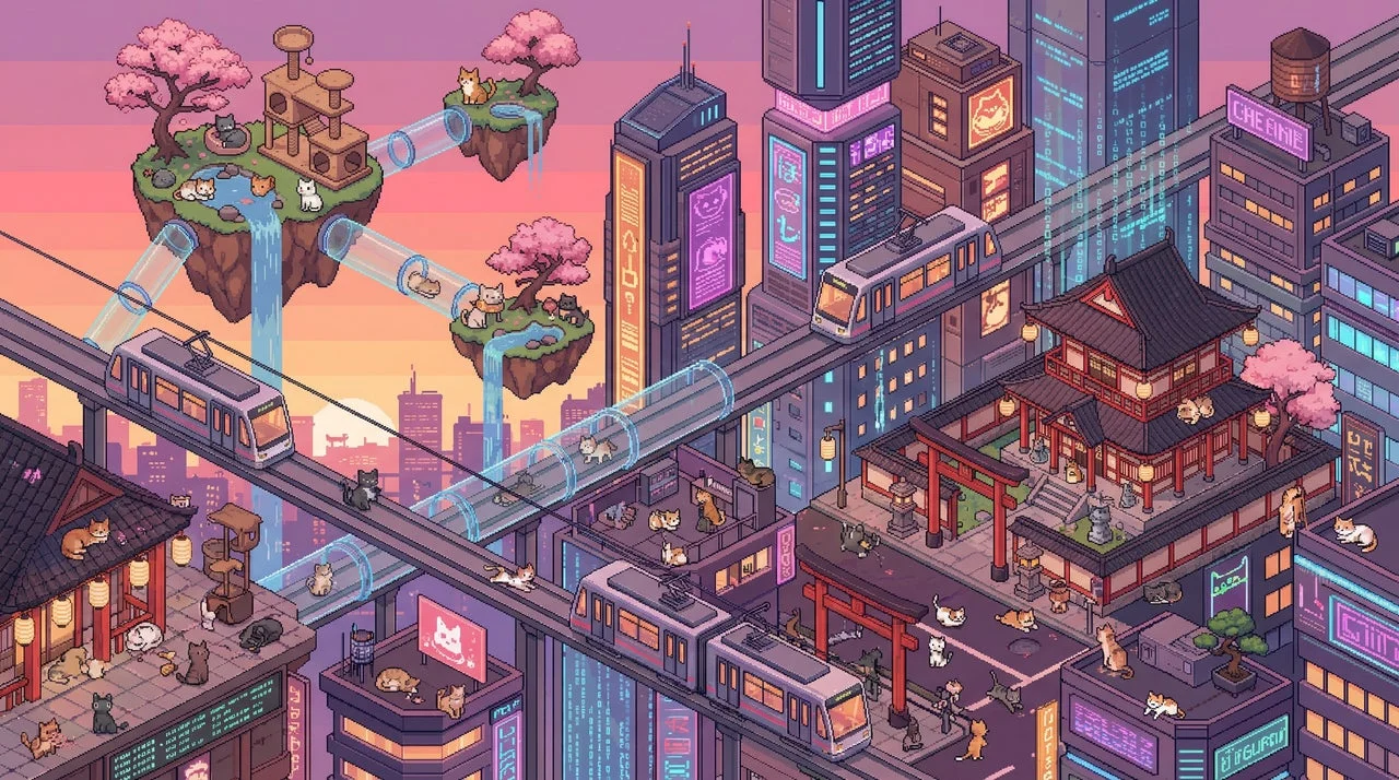 ピクセルアートの猫の街の別アングル