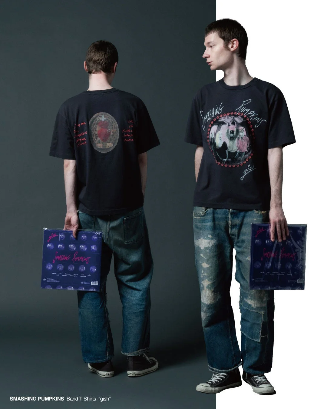 男性モデル,バンドTシャツ,スマッシング・パンプキンズ,Gish,ジーンズ,スニーカー,ファッション,カジュアル,レコード,音楽,アパレル,ヴィンテージ風