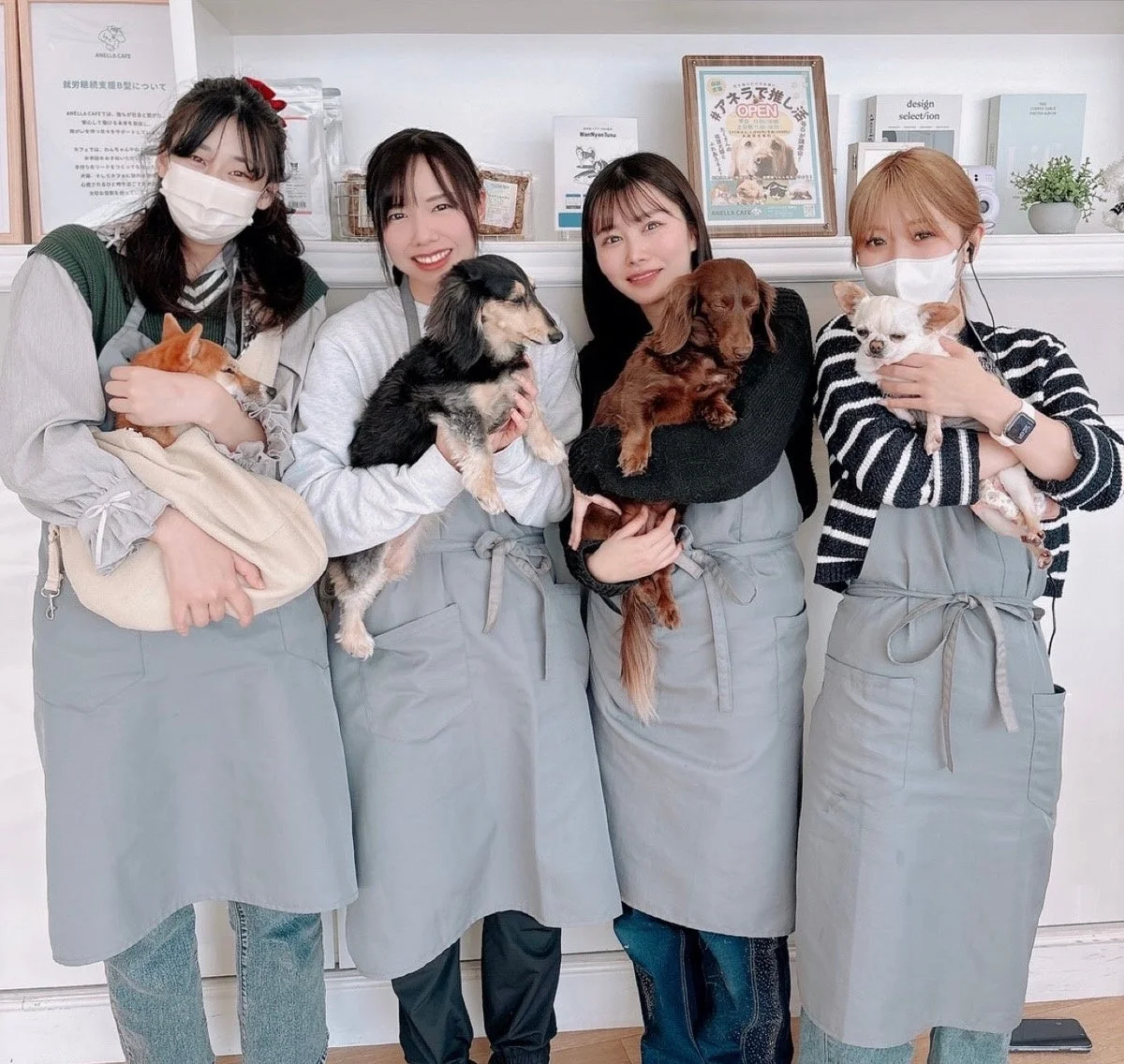 小型犬を抱きかかえ笑顔で並ぶスタッフ