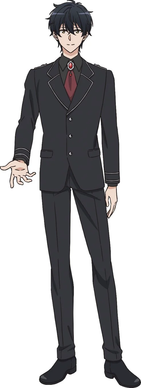 黒髪の男性アニメキャラクターがダークグレーのスーツと赤いネクタイを着用し、穏やかな表情で立っている全身像です。
