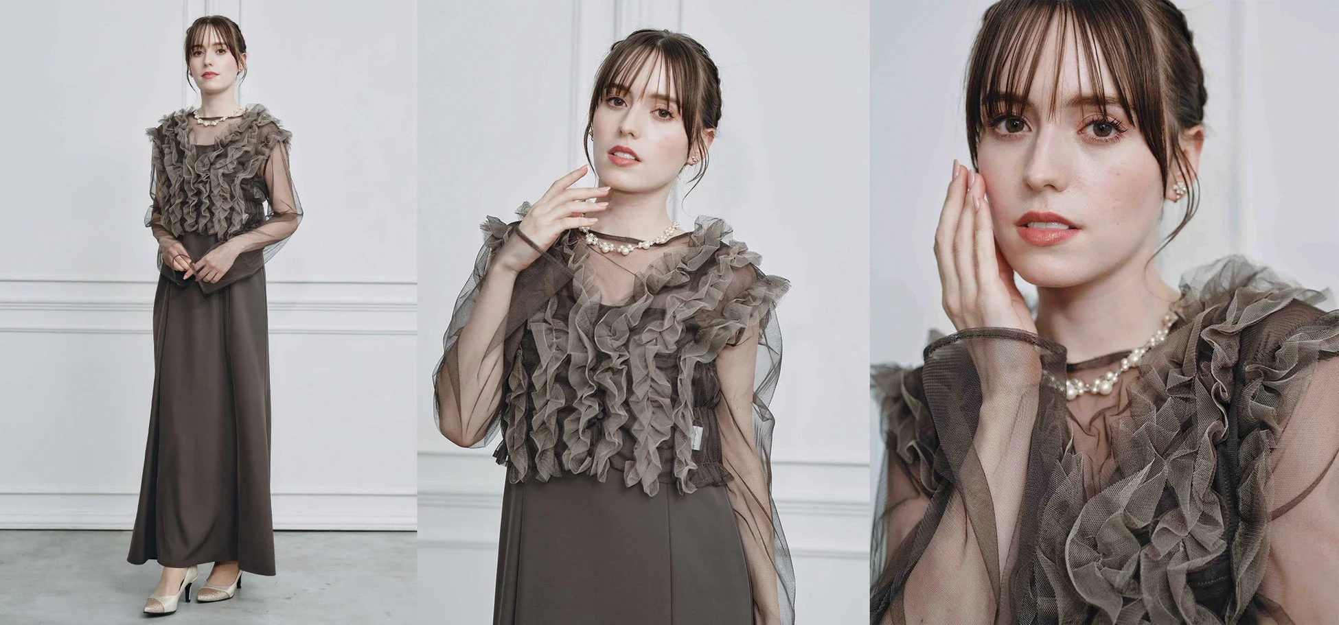 ダークブラウンのロングドレスを着用した女性がポーズをとっている。シースルー素材のフリルが特徴的なドレスで、パールネックレスを合わせたエレガントなオケージョンウェアスタイル。