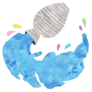 水瓶から水が流れ出し、カラフルな水しぶきが飛び散るイラスト