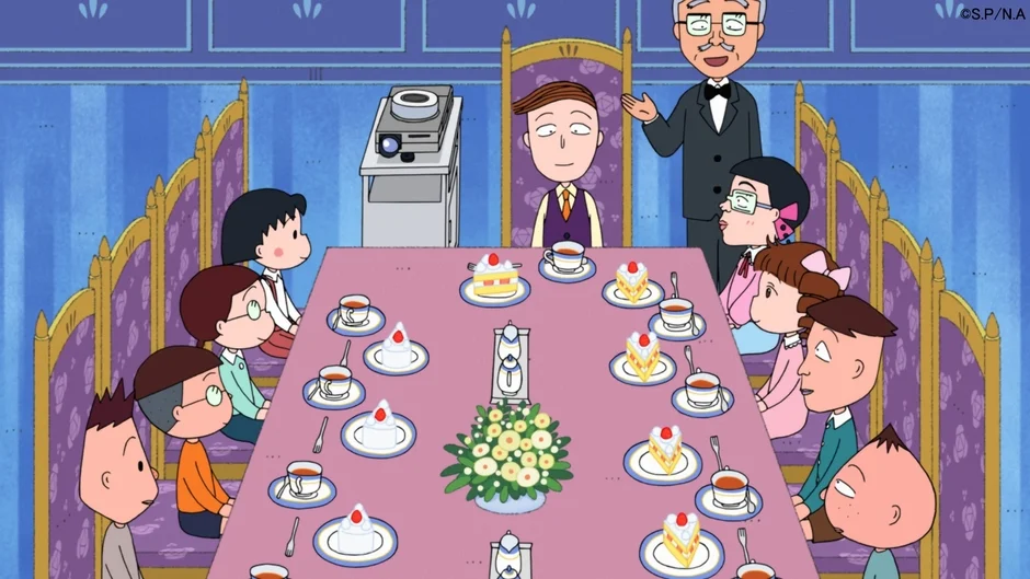 豪華な部屋でケーキを囲むちびまる子ちゃんキャラクターたち