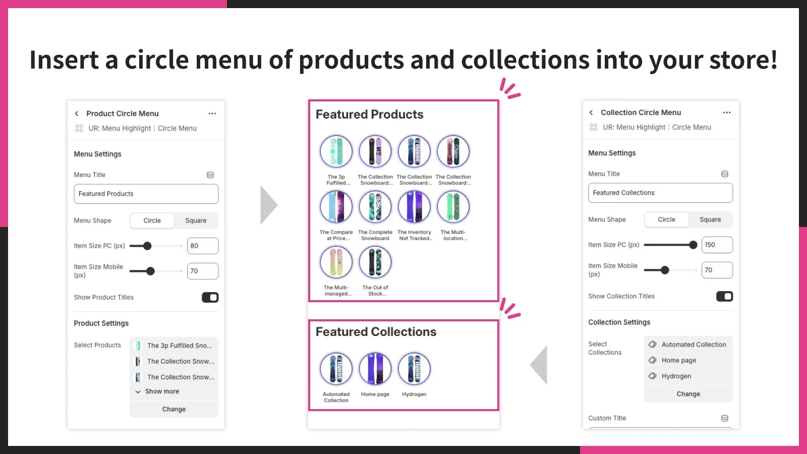 ストアに商品とコレクションの円形メニューを挿入