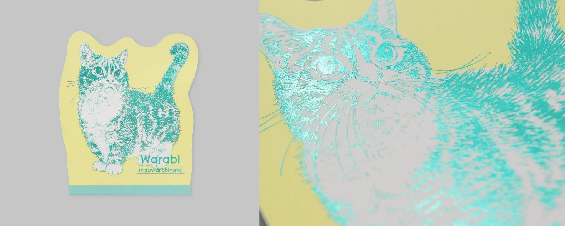 黄色の猫型メモパッドにミントグリーンの線画で描かれた猫のイラスト