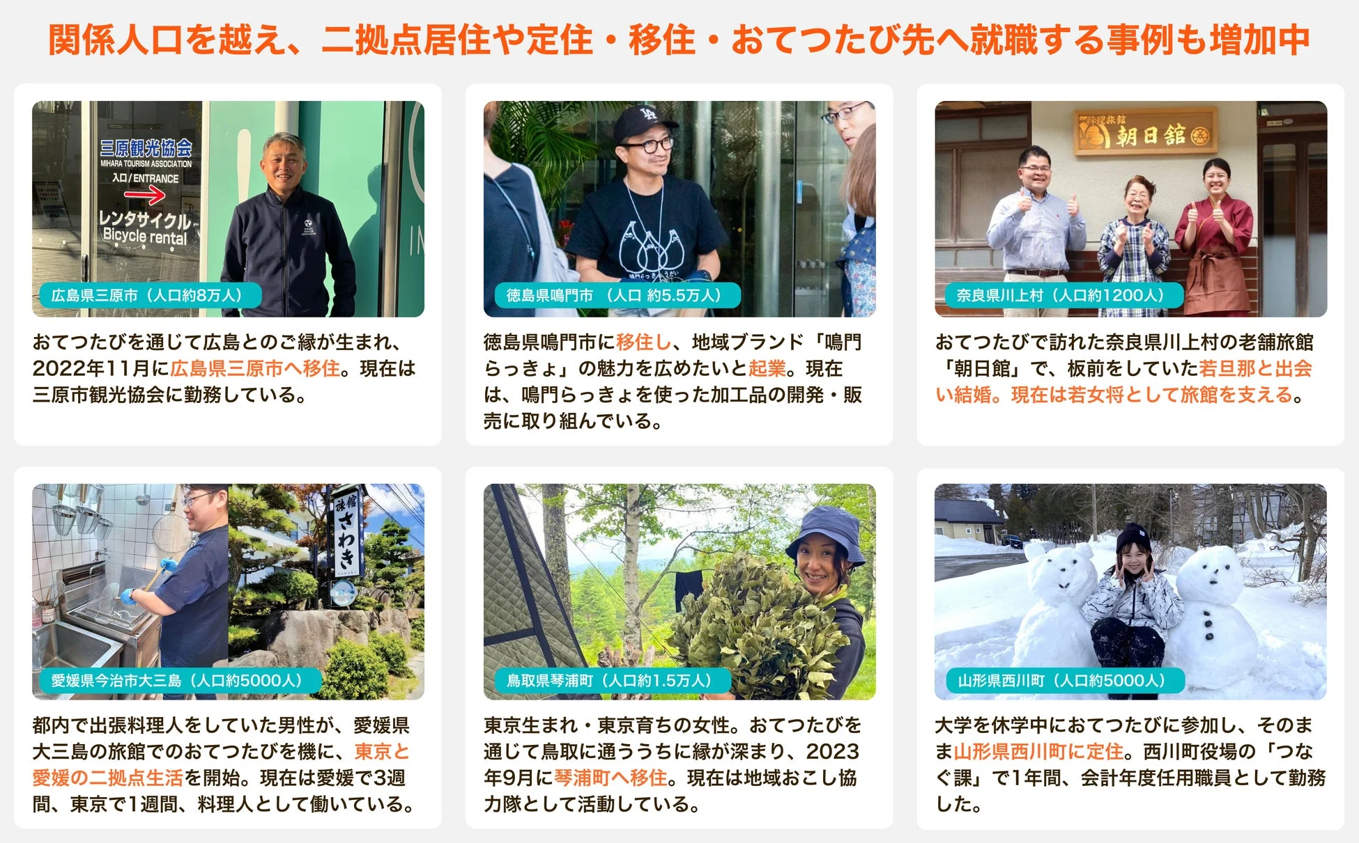関係人口を越え、二拠点居住や定住・移住・おてつたび先へ就職する事例も増加中