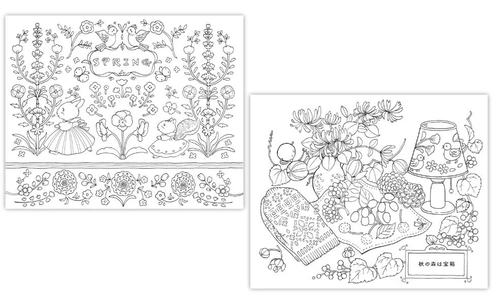 春と秋のうさぎと動物たちの塗り絵