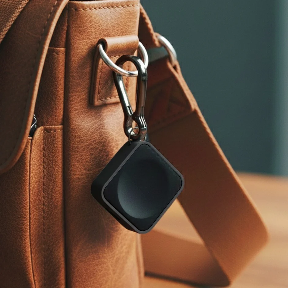 カラビナでバッグに装着されたポータブル充電器(ブラック)