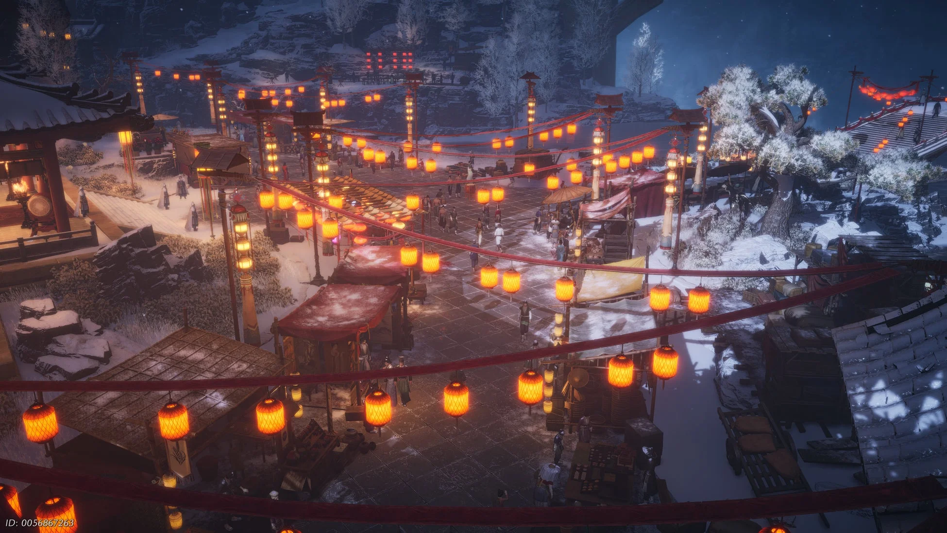 雪が積もった夜の市場の風景です。無数の提灯が通りを明るく照らし、多くの人々が行き交い、賑やかな祭りの雰囲気を醸し出しています。東洋風の建築と冬の情景が美しい一枚です。